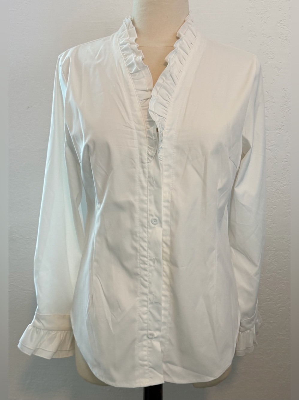 Elegant White Ruffle-Trim Button Down Shirt